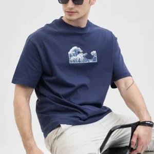 Snitch Men's Waves Navy Printed Oversized T-Shirt
