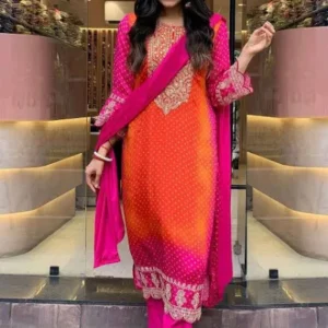 GoSriKi Bandhani Printed Sequinned Embroidery Work Kurta with Trousers & Dupatta