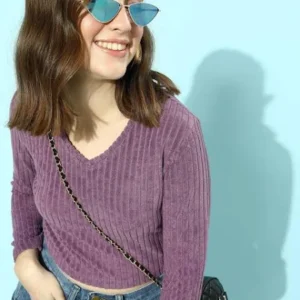 STREET 9 BASICS Women Elegant Lavender Solid Cropped